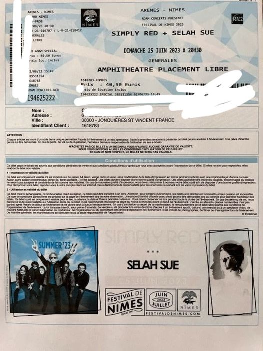 Bonjour à tous. Vends une place de concert aux arènes de Nîmes dimanche 20h30 p... 12 355092861 1958422781185570 7255289690378494384 n